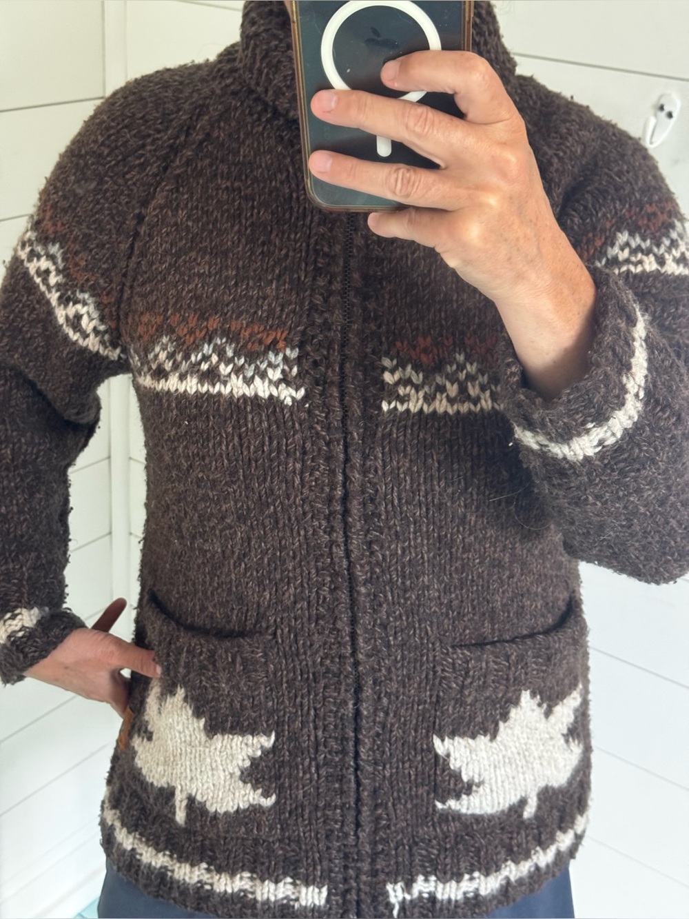 Mary Maxim Roots Colab Size XS ( Generous) Hand Knit Beaver Cardigan Full Zip - Picture 3 of 17